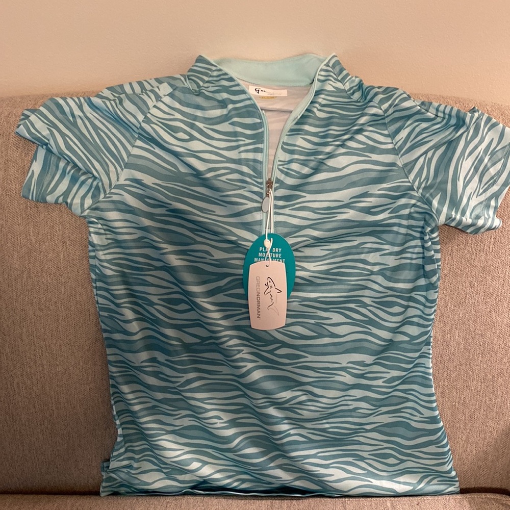 NWT sz S Greg Norman play dry athletic shirt, front zip aqua blue/green